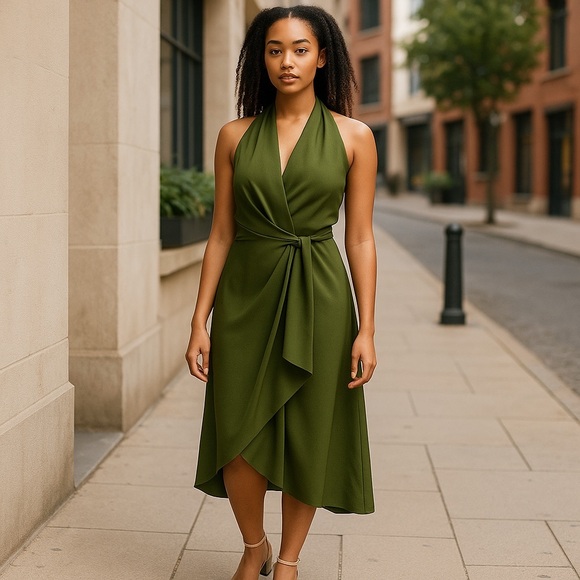 Alex Marie Green Halter Sheath Dress with Slit - Picture 1 of 7